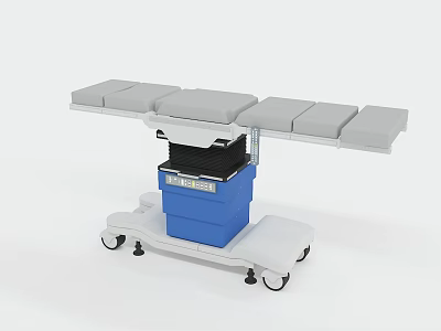 Medical Operating Table With Gray Cushioned Tabletop Blue Base And Mobile Wheels 3d model