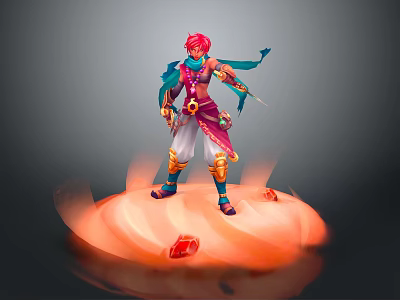 Red Haired Game Character In Blue And Red Outfit With Weapon Orange Aura And Red Gems 3d model