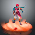 Red Haired Game Character In Blue And Red Outfit With Weapon Orange Aura And Red Gems