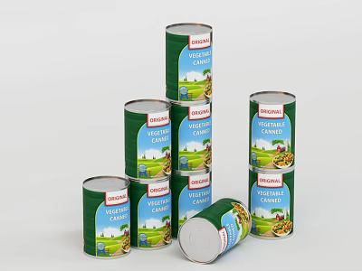 Heinz Vegetable Cans Stacked And Arranged With Green Labels In Various Positions 3d model