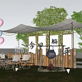 Outdoor Tent Setup With Colorful Balloons String Lights And Seating Area 3d model