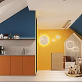Kids Living Room With Yellow Walls Blue Sloped Ceiling Moon Cloud Decor And Rocking Horse