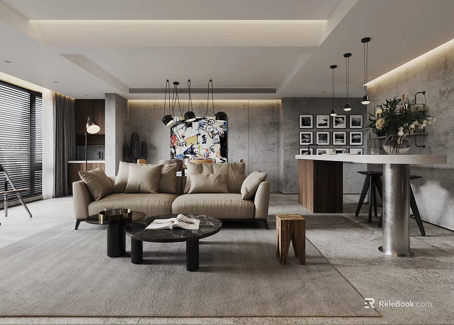 Modern Living Dining Room Interior With Beige Sofa Coffee Table Bar Counter and Pendant Lights 3d model 