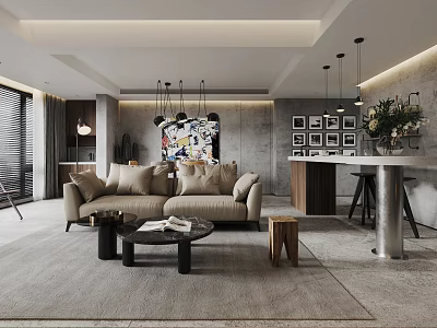 Modern Living Dining Room Interior With Beige Sofa Coffee Table Bar Counter and Pendant Lights 3d model