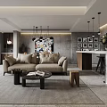 Modern Living Dining Room Interior With Beige Sofa Coffee Table Bar Counter and Pendant Lights