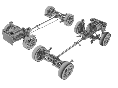Detailed Automobile Chassis Structural Diagram With Suspension System Wheels And Engine Components 3d model