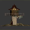 Cartoon Scene of Wooden Treehouse with Platform Sloped Roof and Tree Trunk