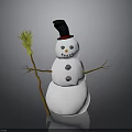 Snowman Figure With Black Top Hat Red Brim Stick Arms Orange Carrot Nose And Broom
