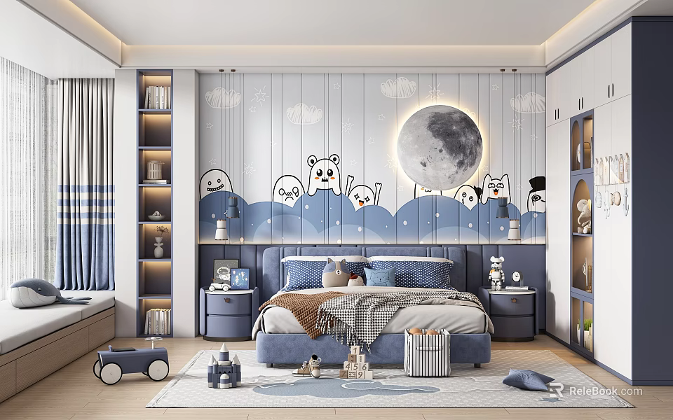Cozy Kids Bedroom With Cartoon Wall Art Moon Toys And Storage 3d model 