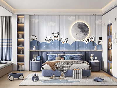 Cozy Kids Bedroom With Cartoon Wall Art Moon Toys And Storage 3d model