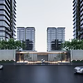 Modern Residential Landscape With High Rise Buildings Entrance Circular Ornament Trees And Lighting
