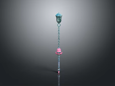 Decorative Fantasy Weapon Staff With Blue Top Ornament Pink Accents and Chain 3d model