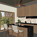 Warm Modern Kitchen Interior With Wooden Cabinets Island Counter And Woven Chairs