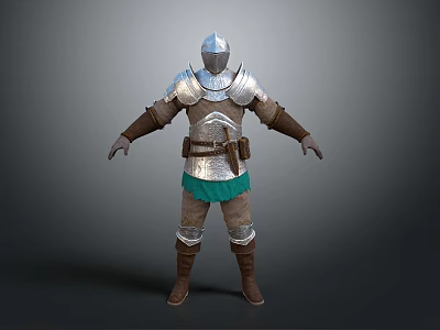 Medieval Warrior In Silver Armor With Green Skirt Brown Boots And Helmet 3d model