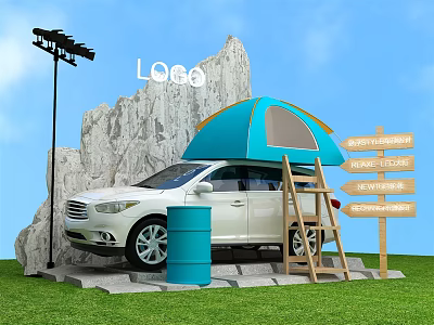 White Car With Blue Tent Ladder Rock LOGO And Camping Adventure Signs 3d model