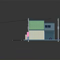 Cartoon Scene With Blue Green Buildings Striped Awning And Pink Vending Machine On Street