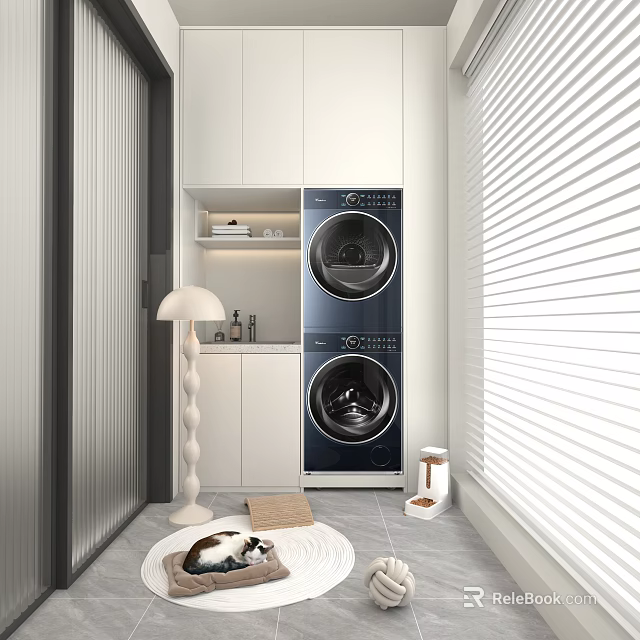 Functional Modern Home Balcony With Washing Machine Dryer White Cabinets Blinds And Floor Lamp 3d model 