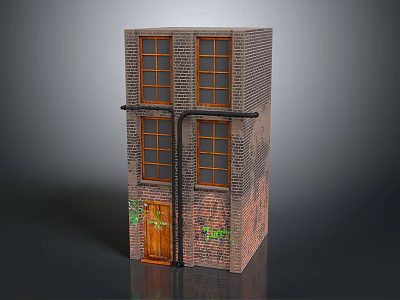 Two Story Brick Building With Windows Wooden Door Green Graffiti And Black External Pipes 3d model