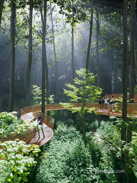 Winding Landscape Bridge In Forest With Tall Trees Greenery People Walking And Sunlight Through Trees 3d model 
