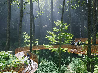 Winding Landscape Bridge In Forest With Tall Trees Greenery People Walking And Sunlight Through Trees 3d model
