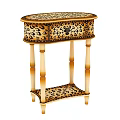 Leopard Print Oval Side Table with Gold Carved Legs and Decorative Lower Shelf