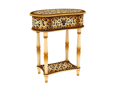 Leopard Print Oval Side Table with Gold Carved Legs and Decorative Lower Shelf 3d model