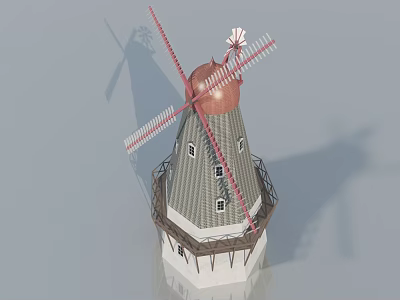 Swing Door Design For Traditional Windmill With Red Blades And Gray Tower 3d model