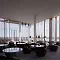 Modern Sales Office Building With Sloped Roof Vertical Glass Slats Circular Garden Outdoor Seating