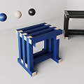 Blue And Black Geometric Stools With Striped Structure Beige Base And Colored Balls 3d model