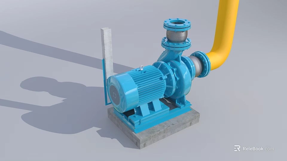 Heavy Duty Industrial Pump With Blue Motor Yellow Pipeline And Concrete Base 3d model 