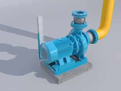 Heavy Duty Industrial Pump With Blue Motor Yellow Pipeline And Concrete Base 3d model