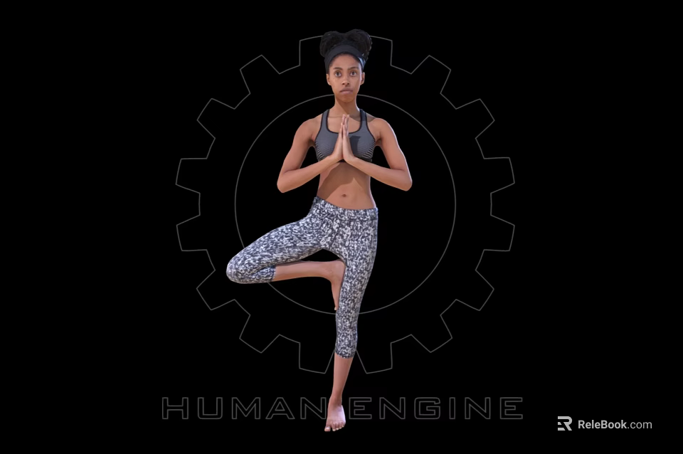 A Woman Practicing Yoga Tree Pose With Human Engine Gear Background 3d model 