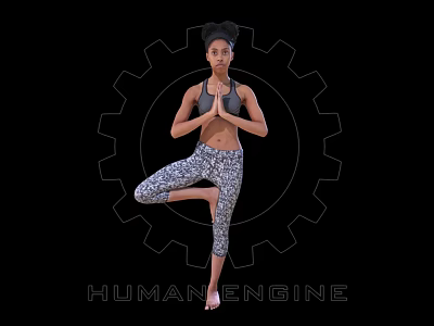 A Woman Practicing Yoga Tree Pose With Human Engine Gear Background 3d model