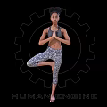 A Woman Practicing Yoga Tree Pose With Human Engine Gear Background