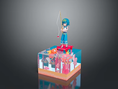 Colorful Fish Swimming in Transparent Cube with Pink Plants and Fishing Figure 3d model