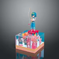 Colorful Fish Swimming in Transparent Cube with Pink Plants and Fishing Figure