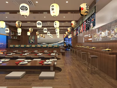 Japanese Restaurant Interior With Traditional Lanterns Wooden Tables And Bar Counter 3d model