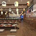 Japanese Restaurant Interior With Traditional Lanterns Wooden Tables And Bar Counter