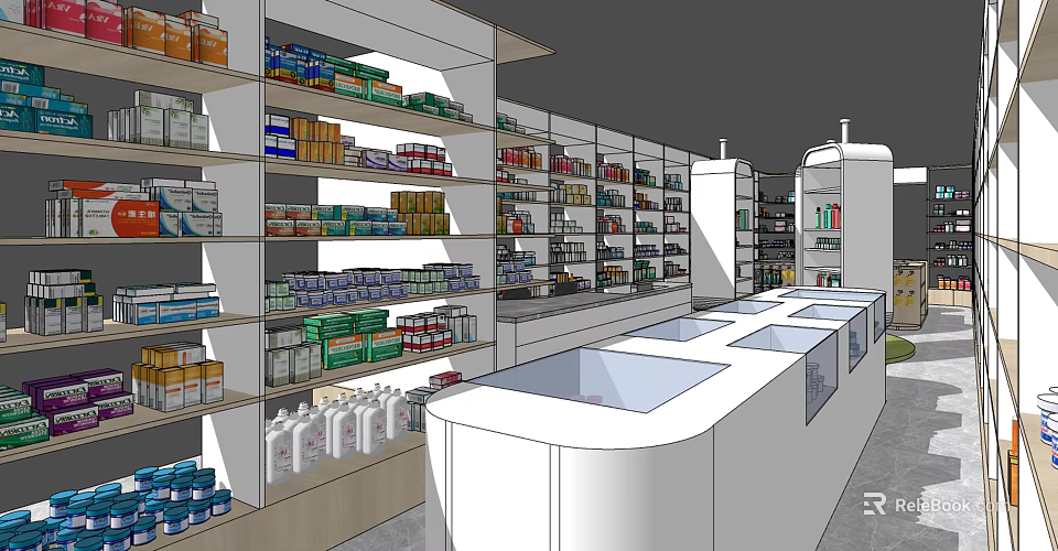 Well Organized Specialty Store Interior With Shelves Displaying Various Products And Counter 3d model 