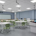 School Classroom Interior With White Round Tables Green Chairs Blackboard Display Screen Windows And Curtains
