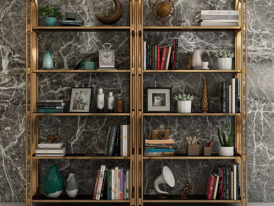 Elegant Modern Bookcase Interior With Gold Frame Books Decorative Plants And Photo Frames 3d model