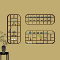 Brown Wooden Wall Mounted Shelving Units With Geometric Compartments And Decorative Items On Beige Wall