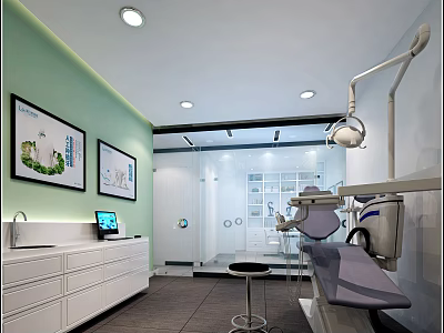 Dental Clinic Interior Design With Green Walls White Cabinets Treatment Chair And Medical Equipment 3d model