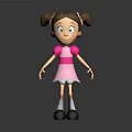 Cute Cartoon Girl Doll With Brown Pigtails Pink Dress Big Eyes And Black Shoes