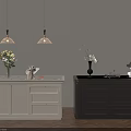 Modern Interior With Light And Dark Cabinets Vases Decorations And Pendant Lights