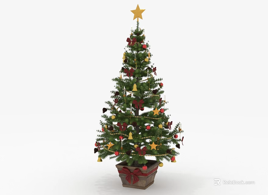 Christmas Tree With Gold Star On Top And Red Gold Ornaments In Pot With Bow 3d model 