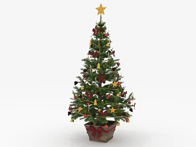 Christmas Tree With Gold Star On Top And Red Gold Ornaments In Pot With Bow 3d model