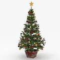 Christmas Tree With Gold Star On Top And Red Gold Ornaments In Pot With Bow