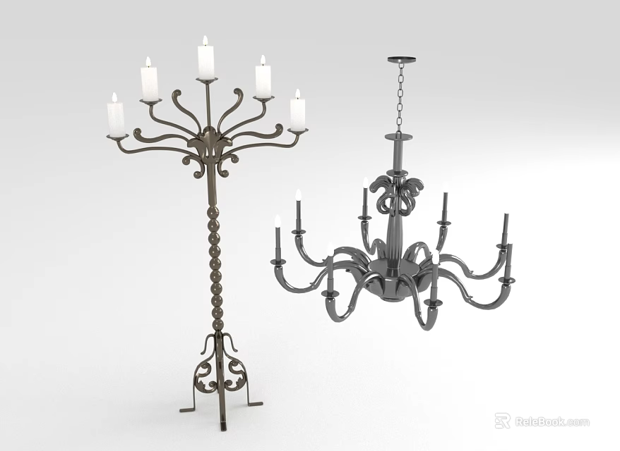Classic Metal Floor Lamp And Chandelier Combination Featuring Candle Style Arms And Decorative Base 3d model 