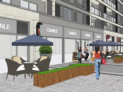 Modern Building Outdoor Shopping Area With Storefronts Seating Umbrellas Green Planters And Pedestrians 3d model